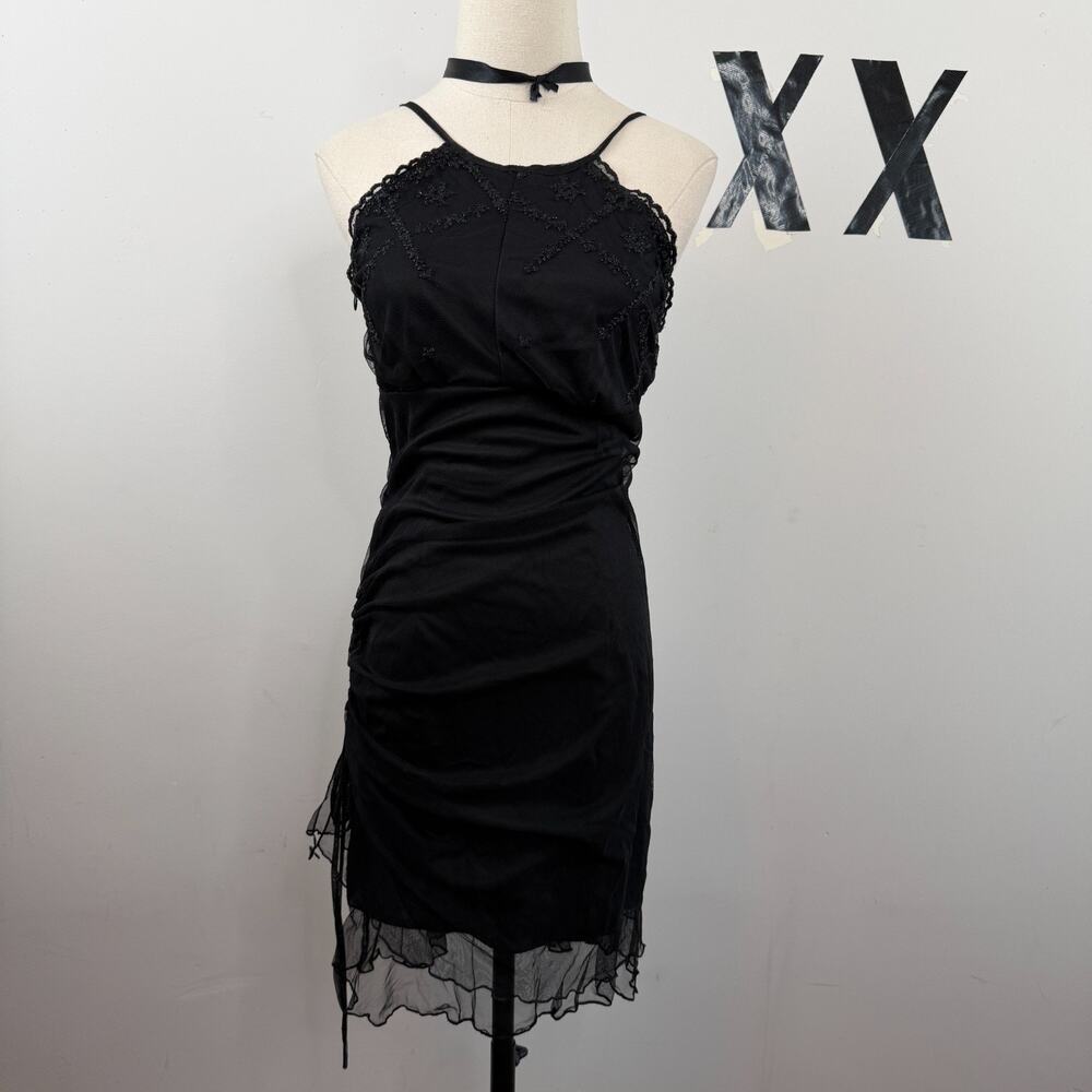 Vintage 90s Black Embellished Mesh Overlay Vamp Ruched Mini Dress S